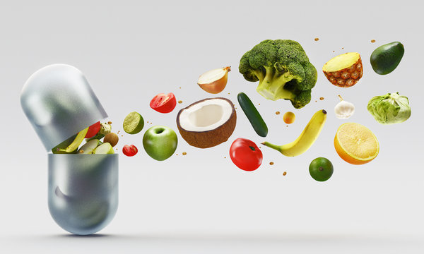 Capsula con vitamine, frutta e verdura