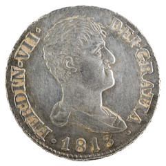Ancient Spanish silver coin of the King Fernando VII. 1813. Coined in Madrid. 2 Reales. Obverse.