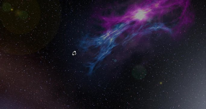 Long shot with lens effects and nebulae: the Voyager spacecraft travelling through empty space . Reversible, can be rotated 180 degrees. Elements of this image furnished by NASA.