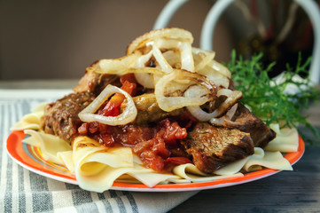 Traditional dish of Turkic people in Central Asia Beshbarmak. Copy spase