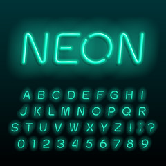 Neon lamp alphabet font. Neon color oblique letters, numbers and symbols. Stock vector typeface for any typography design.