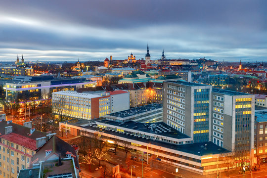 Aerial view of the night city.
