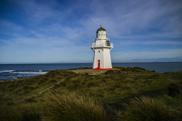 Fototapeta na wymiar Travel New Zealand. Scenic view of white lighthouse on coast, ocean, outdoor background. Popular tourist attraction, Waipapa Point Lighthouse located at Southland, South Island. Travel concept.