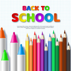 Back to school typography design with realistic colorful pencils and markers. Paper cut style letters on squared paper background. Vector illustration.