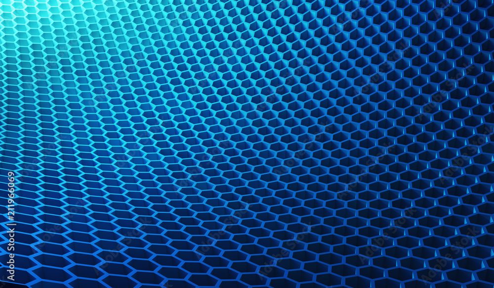 Poster digital data and network connection hexagon shape in technology concept on blue background, 3d struc