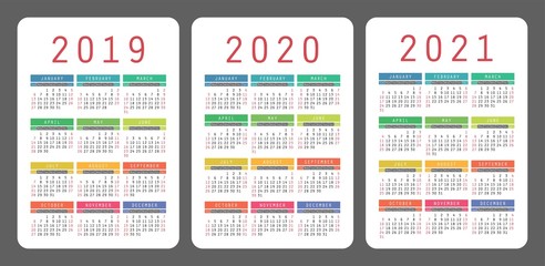 Calendar 2019, 2020, 2021 years. Colorful vector set. Week starts on Sunday. Vertical calender design template