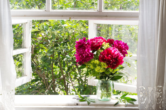 Fototapeta Bouquet of peonies on the windowsill