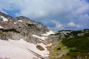 Hiking trail leading to Dachstein glacier and Simonyhütte located under Hoher Gjaidstein in Austrian Alps during summer, Salzkammergut region