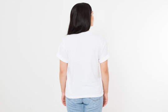 young asian japanese woman in blank white t-shirt. t shirt design and people concept. Shirts front view isolated on white background. Mock up. Copy space.