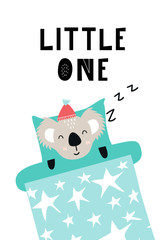 Little one - Cute hand drawn nursery poster with sleeping koala in bed and with hand drawn lettering. © Oksana Stepova