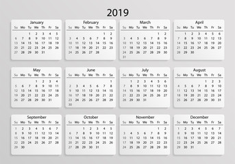 Calendar 2019. Calendar 3d realistic mock up 2019. Calendar grid on white background with shadow. Vector illustration AI10.