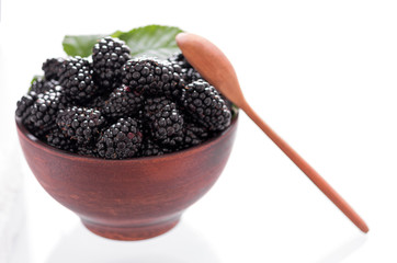 Blackberry in a clay plate. White background.