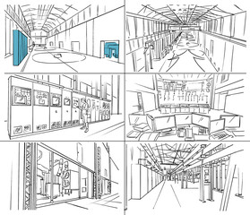 Storyboard with water power plant interior