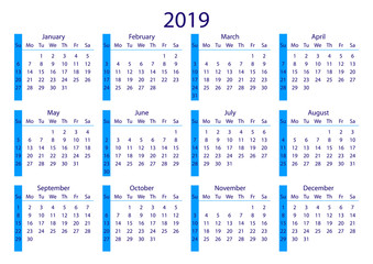 Calendar 2019. Calendar grid 2019 year blue on white background. Sunday starts. Vector illustration AI10.