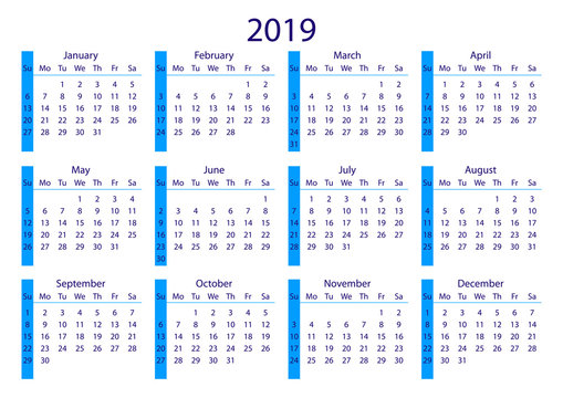 Calendar 2019. Calendar grid 2019 year blue on white background. Sunday starts. Vector illustration AI10.