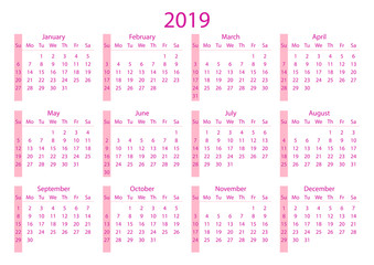 Calendar 2019. Calendar grid 2019 year pink on white background. Sunday starts. Vector illustration AI10.