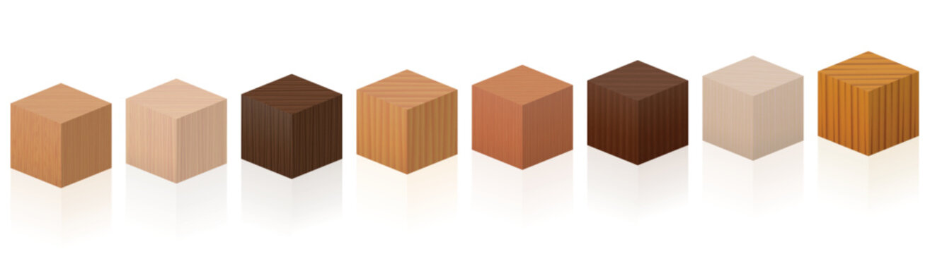 Wooden cubes - sample set with different colors, glazes, textures from various trees to choose - brown, dark, gray, light, red, yellow, orange decor models - vector on white background.