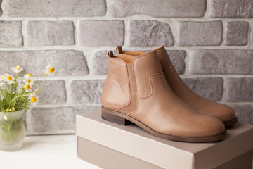 Close-up view of the stylish and elegant leather women's shoes on a shoe box.