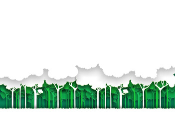 Eco green and white forest background. Paper art style.