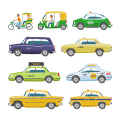 Taxi vector taxicab transport and yellow car transportation illustration set of city cab auto on taxi-rank and taxi driver in automobile isolated on white background