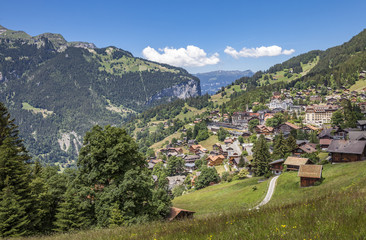 Fototapeta na wymiar scenic view on the village of Wengen at the Lauberhorn downhill, Jungfrauregion,Berner Oberland,Switzerland
