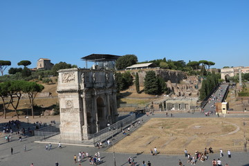 Arch of Constantine and way to Arch of Titus at Forum Romanum view from Colosseum, Rome Italy 
