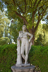 Fototapeta na wymiar Rome, busts and statues of historical and mythological figures in the avenues of Villa Borghese, a large public park in the center of the city.