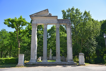 Fototapeta na wymiar Rome, ruins of an ancient temple in the Villa Borghese, a large public park in the center of the city.