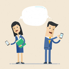 Businessman and business woman talking via smartphone. Business communication concept.