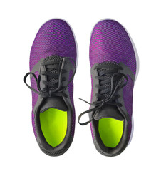 Pair of running violet sneakers isolated on white background. Top view of sport shoes