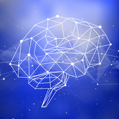 human brain & triangles, lines, dots located on a color technological background - conceptual illustration symbolizing artificial intelligence & modern biotechnology & HUD interface
