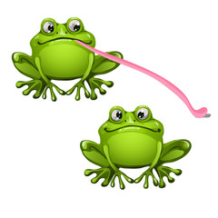 Cute green frog with long pink tongue isolated on white background. Vector cartoon close-up illustration.