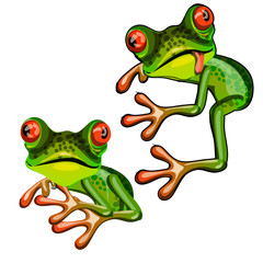 Green tree frog hugging an imaginary object and teasing tongue isolated on white background. Vector cartoon close-up illustration.