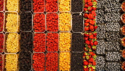 Colourful mix of different fresh berries at market