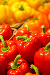 Colourful mix of different red, orange, yellow fresh bell pepper at market