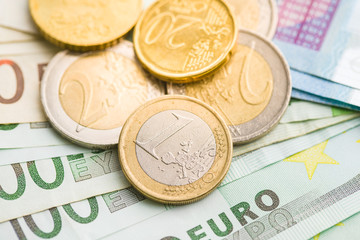 Euro money. Coins and paper banknotes.