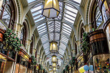 View of the ceiling of the Hall of a beautiful vintage shopping center in England, UK