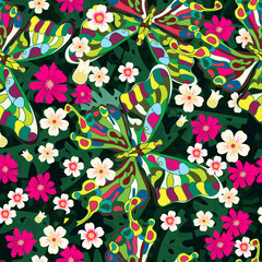 Fototapeta premium Seamless texture. Multicolor pattern of butterflies, flowers and leaves.