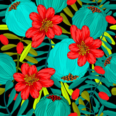 Fototapeta premium Vector floral ethnic seamless pattern in doodle style with flowers , leaves and berries . Gentle, spring/summer floral background.