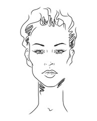 Young woman face, fashion sketch, black and white linear face drawing. Vector illustration, poster, banner, logo