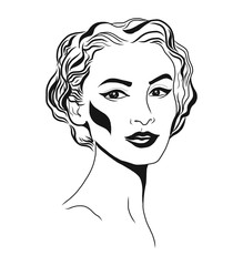 Young woman face, fashion sketch, black and white linear face drawing. Vector illustration, poster, banner, logo