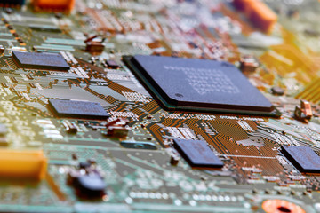 Electronic circuit board close up.