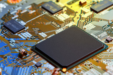 Electronic circuit board close up.