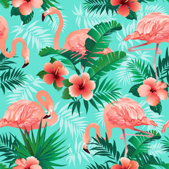 Rosa Flamingos, exotische Vögel, tropische Palmblätter, Bäume, Dschungelblätter nahtloser Vektorblumenmusterhintergrund.
