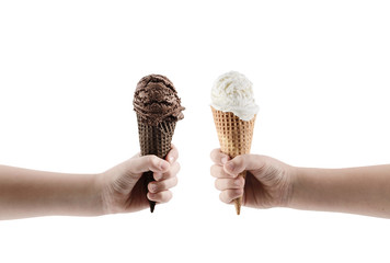 hand holding vanilla and chocolate ice cream with cone isolated on white background