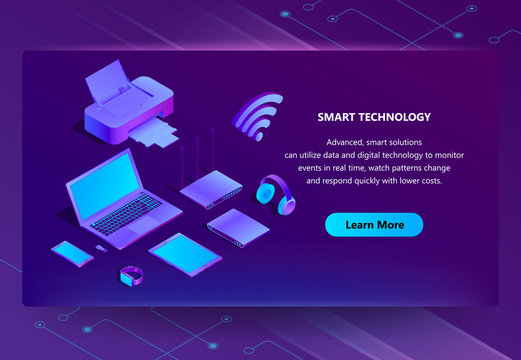 Vector 3d isometric template for site construction. Portal background with button, violet laptop, router with wi-fi. Ultraviolet computer and other electronic mobile devices on internet page