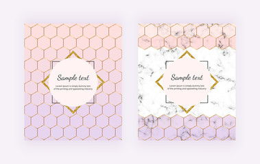 Fototapeta premium Modern geometric backgrounds with marble texture, pink and purple hexagons shapes with golden lines. Trendy template for flyer, banner, invitation, banner, birthday, wedding, business card, party.