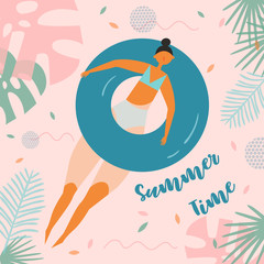 Summer time lettering. Pretty woman swims, tanning on life buoy. Girl floating on swimming circle on tropical background. Inflatable circle. Summer holiday, vacation, travel