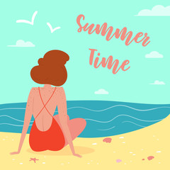 Sexy woman, wearing swimsuit on the beach, seen from behind. Summer time letering text. Sun, sand, sea, water, clouds, starfish, coral and seagulls Vector cartoon flat illustration