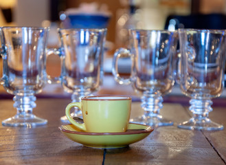 Yellow Coffee Cup and Saucer and Irish Coffee Glass Mugs